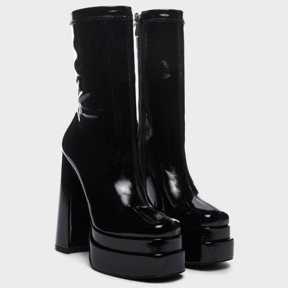 Sz 10 SIMMI London Black Patent Leather Double-Stack Platform Boots